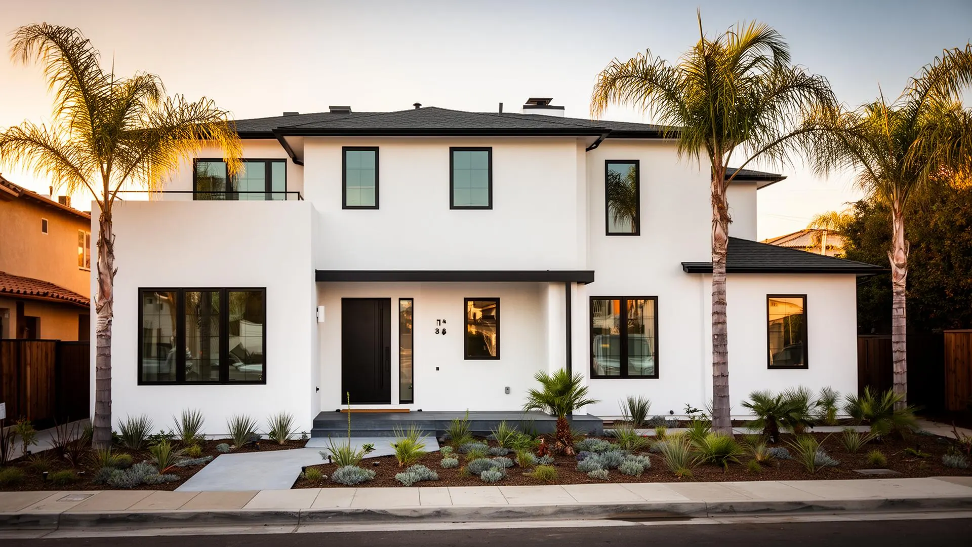 Beautifully remodeled modern Los Angeles home exterior at golden hour