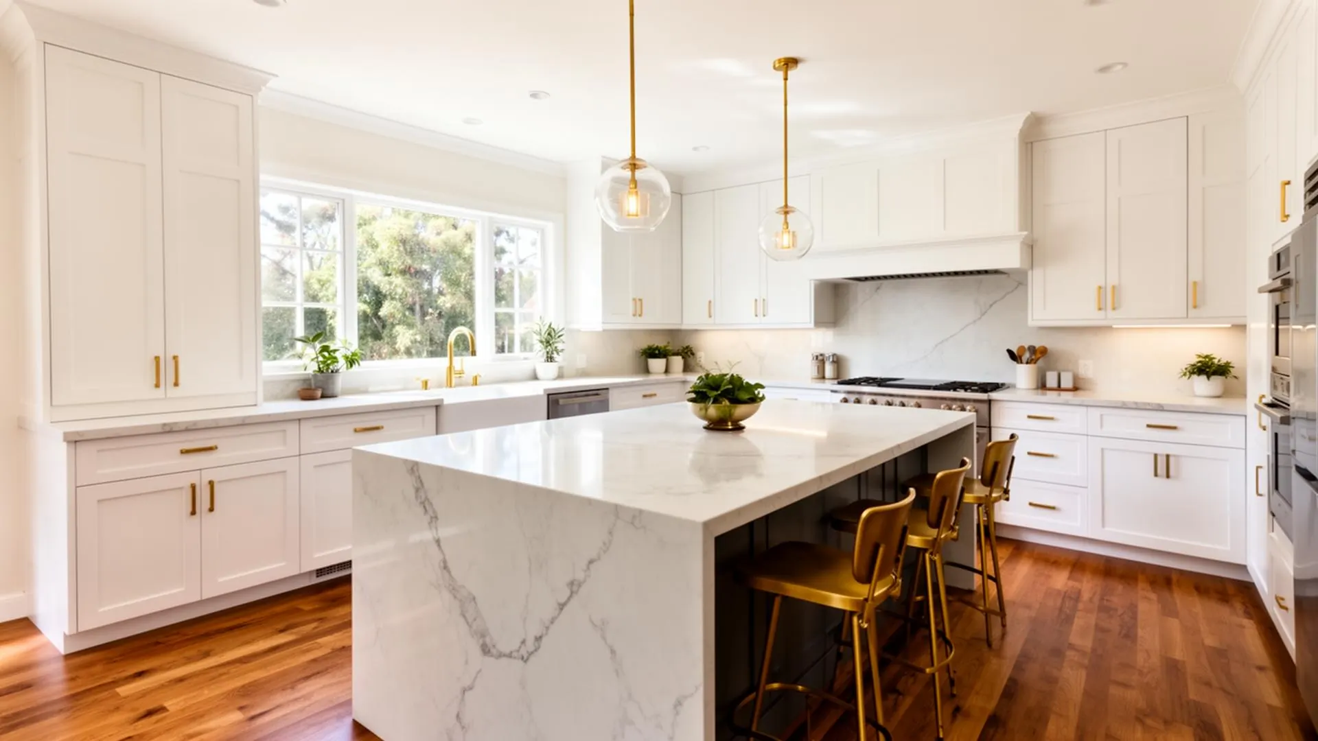 Stunning modern kitchen remodel with quartz waterfall island