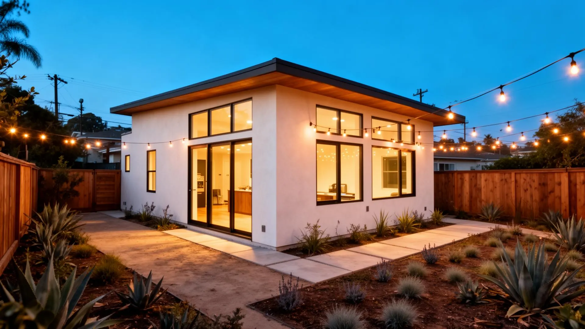 Backyard ADU at twilight with warm interior lighting