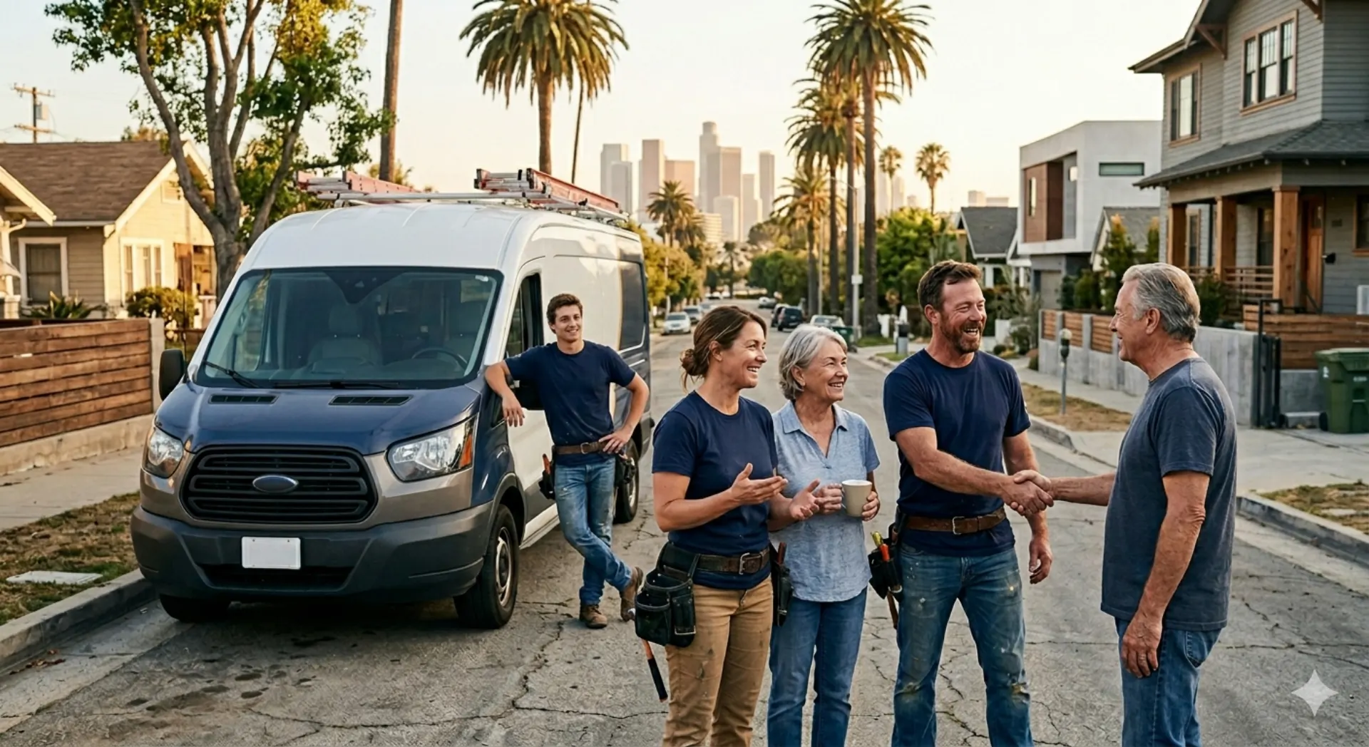A palm-lined Los Angeles neighborhood street at golden hour