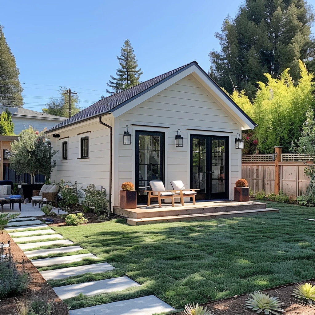 Modern farmhouse ADU built by KMBJ in a Los Angeles backyard