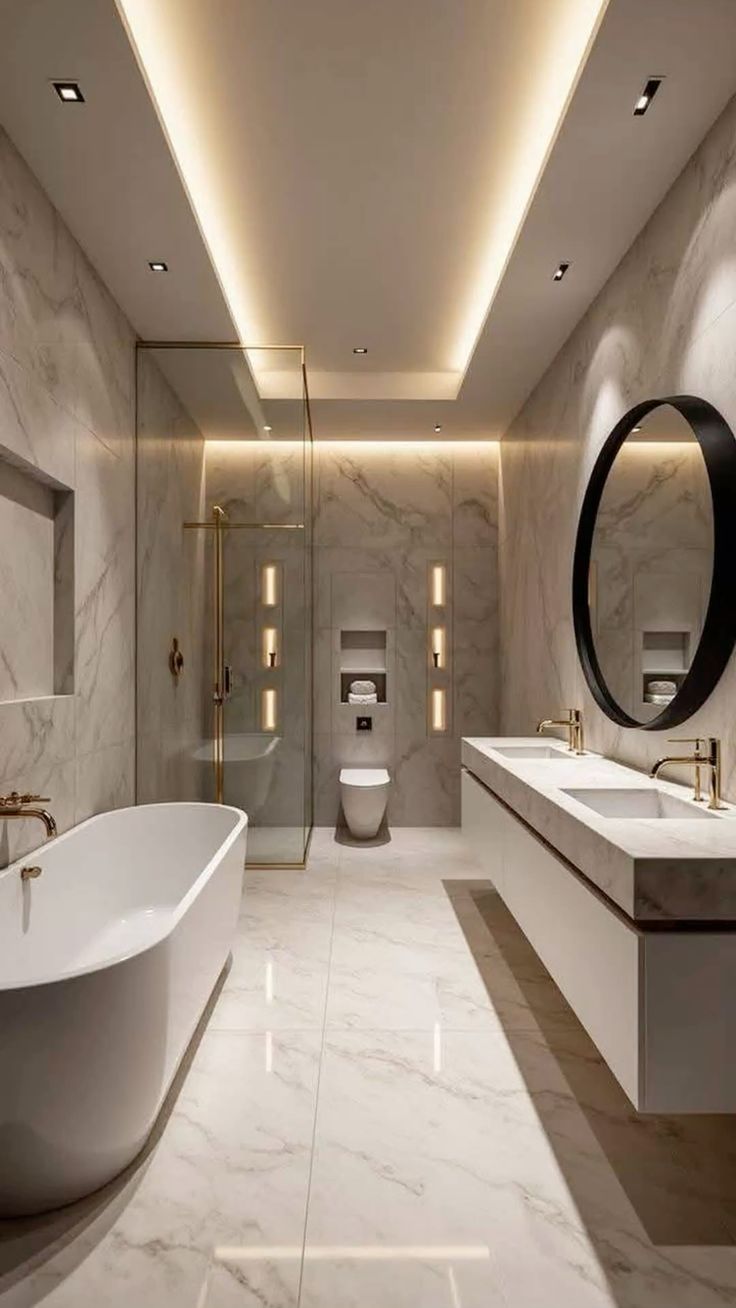 Marble double-vanity bathroom remodel completed by KMBJ in Los Angeles