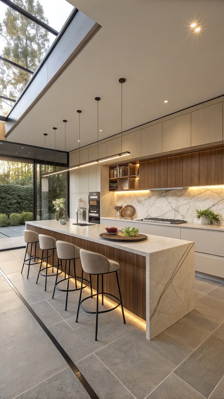 Luxury chef's kitchen remodel by KMBJ with skylight and marble island